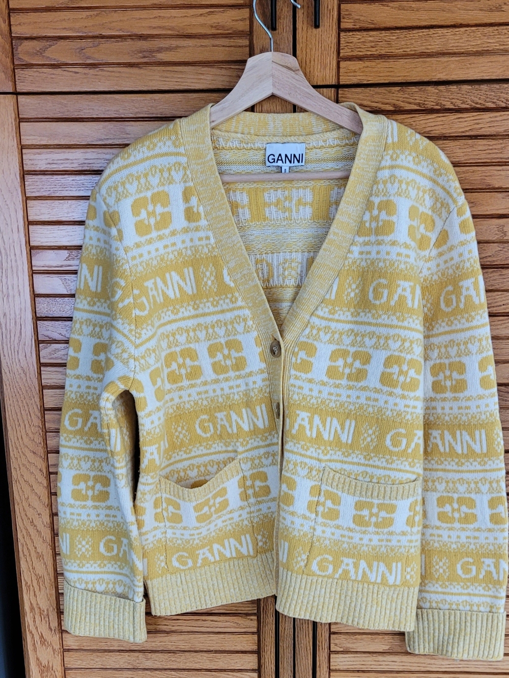 Ganni Yellow and White Logo Jacquard Cardigan